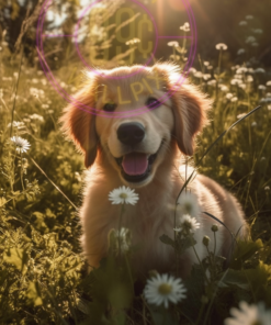 A picture of a golden retriever in a meadow for a phone wallpaper.