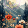 A folk-style painting of a mountain landscape for a phone wallpaper.