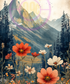 A folk-style painting of a mountain landscape for a phone wallpaper.