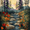 A folk-style painting of a flowing stream for a phone wallpaper.