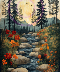 A folk-style painting of a flowing stream for a phone wallpaper.