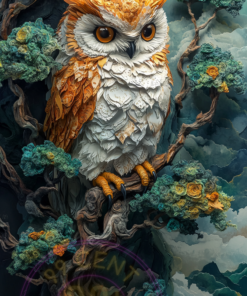 A layered paper art piece of an enchanted owl for a phone wallpaper.