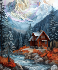 A layered paper art piece of a mountain retreat for a phone wallpaper.