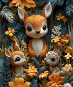 A layered paper art piece of forest creatures for a phone wallpaper.