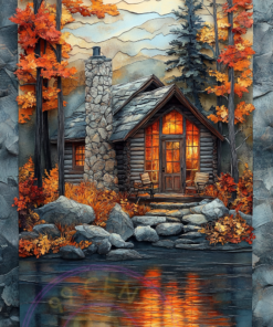 A layered paper art piece of a lakeside cabin for a phone wallpaper.