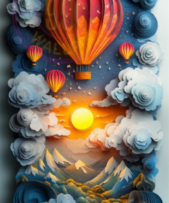 A layered paper art piece of a hot air ballon for a phone wallpaper.