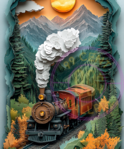 A layered paper art piece of a vintage steam train for a phone wallpaper.