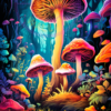 A digital illustration of a psychedelic mushroom forest for a phone wallpaper.