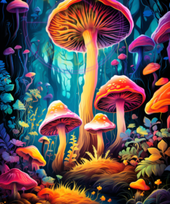 A digital illustration of a psychedelic mushroom forest for a phone wallpaper.