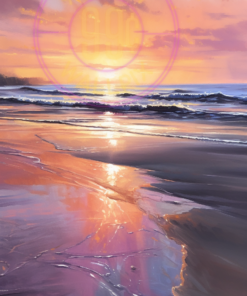 A painting of a beach at sunset for a phone wallpaper.