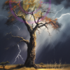 A painting of a tree in a storm for a phone wallpaper.