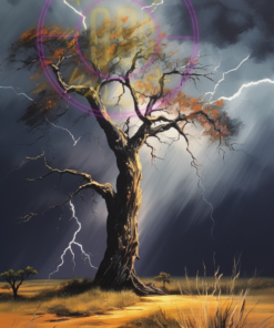 A painting of a tree in a storm for a phone wallpaper.