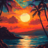 A painting of a beach at sunset for a phone wallpaper.