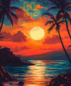 A painting of a beach at sunset for a phone wallpaper.