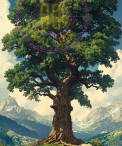 A painting of an oak tree on an island for a phone wallpaper.