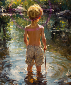 A painting of a boy at a pond for a phone wallpaper.