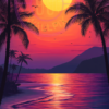 A painting of a beach at sunset for a phone wallpaper.