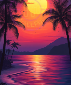 A painting of a beach at sunset for a phone wallpaper.