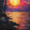 A stained-glass art piece of a lakeside sunset for a phone wallpaper.