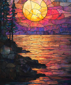 A stained-glass art piece of a lakeside sunset for a phone wallpaper.