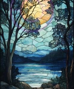 A stained-glass art piece of a moonlit forest for a phone wallpaper.