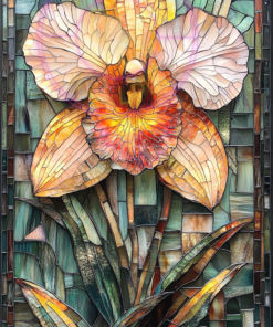 A stained-glass art piece of a blooming orchid for a phone wallpaper.