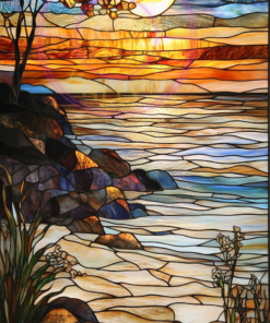 A stained-glass art piece of a sandy beach for a phone wallpaper.