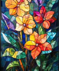 A stained-glass art piece of tropical blooms for a phone wallpaper.