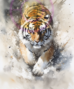 A painting of a tiger on the hunt for a phone wallpaper.