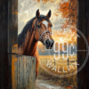 A painting of a horse at the entrance of a barn with the sun rising in the background for a phone wallpaper