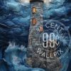 A mixed media collage of a lighthouse standing tall against stormy seas for a phone wallpaper