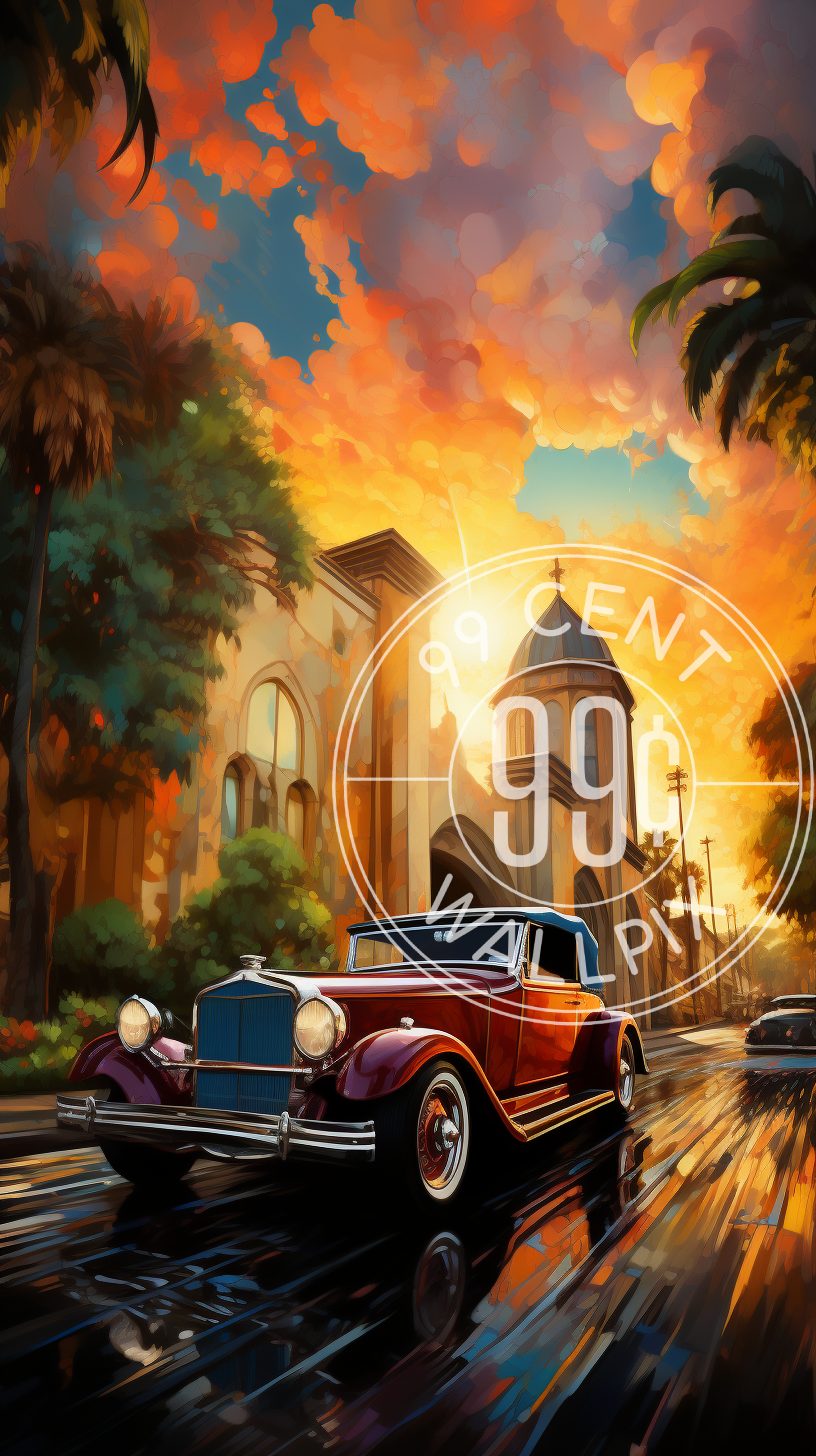A pop art piece of a vintage car driving for a phone wallpaper.